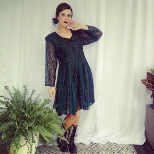 90s Vintage Sheer Lace Green Victorian Romantic Dress