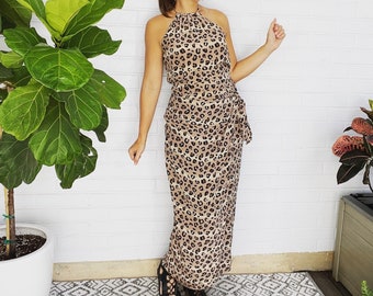 Vintage 90s Leopard Print Silk Halter Maxi Dress