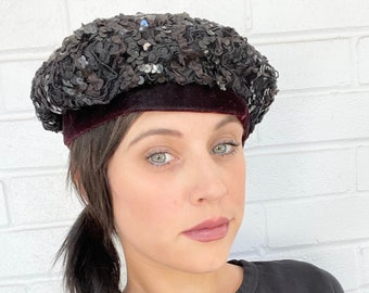 80s Vintage Black Sequin Velvet Beret Cap Womens Hat