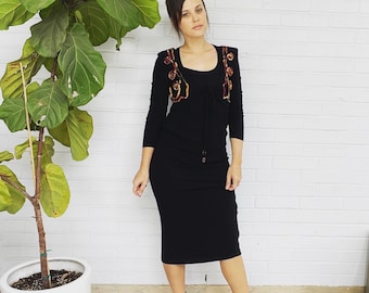 90s Vintage Black Earthy Dress | Long Sleeve Vest Midi | Boho Style | Carole Little