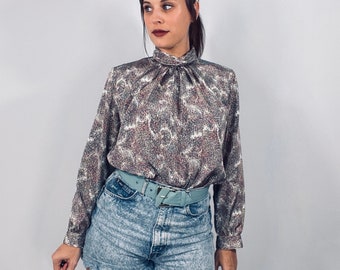 80s Vintage Paisley Damask Secretary Blouse | Satin Baroque Shirt | Librarian Core | Dark Academia Rolled-Collar High Neck Top