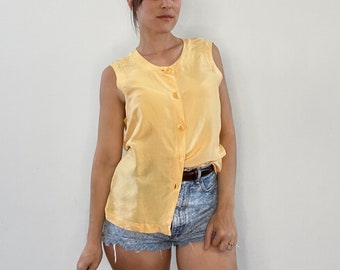 Vintage 90s Y2k Blouse Yellow Silk Button-Up Tank Top The Limited