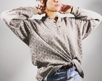 Vintage 90er Jahre Southwestern Print Oversized Henley Shirt Langarm Baumwolle Strick