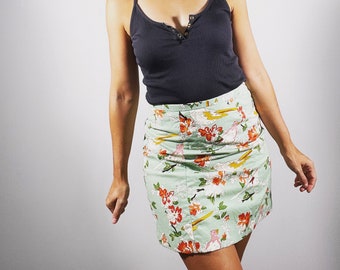 90s Y2K Vintage High Waisted Pastel Bird Print Mini Skirt Cotton