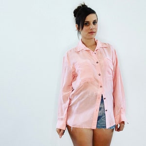 Vintage 90s Pastel Pink Blouse Button Up Silk Button Down Shirt by Mervyns