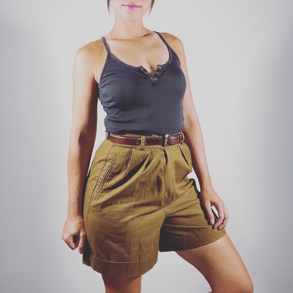 Vintage 90s High Waisted Mom Shorts Linen Culottes Khaki