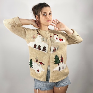 Vintage Ugly Christmas Sweater 90s Snowman Xmas Tree Chunky Knit Cardigan
