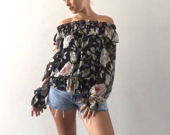 Printed Roll Up Sleeve Cotton Gauze Blouse - Jasmine