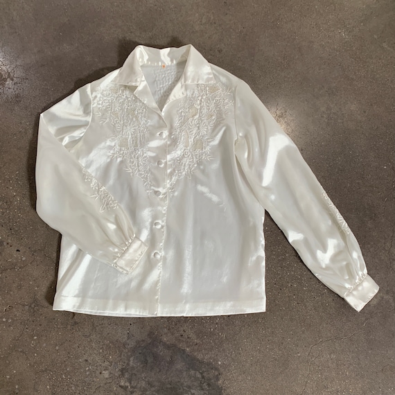 Vintage 80s Satin Blouse Embroidered 