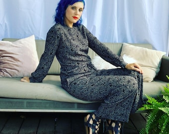 Vintage 90s Baroque Paisley Two Piece Pants Suit Wide Leg