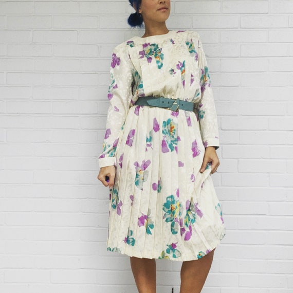 Vintage 80s Floral Satin Tea Dress Midi Dress - image 1