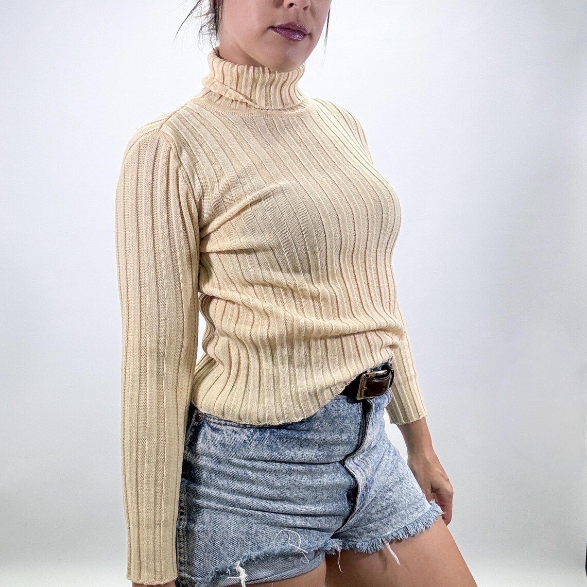 Vintage 70s I.Magnin Sweater | Soft Yellow Ribbed Knit Wool Turtleneck | Minimalist Ski Lodge Style | Retro Soft Girl Winter Classic, photo 2 of 5