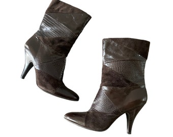 Vintage 90s Boots Dark Brown Leather Suede Patchwork Heels