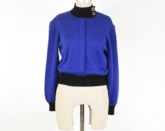 St. John Vintage Pullover 1980er Jahre Royal Blau Wolle Strick Rollkragen Button-Up