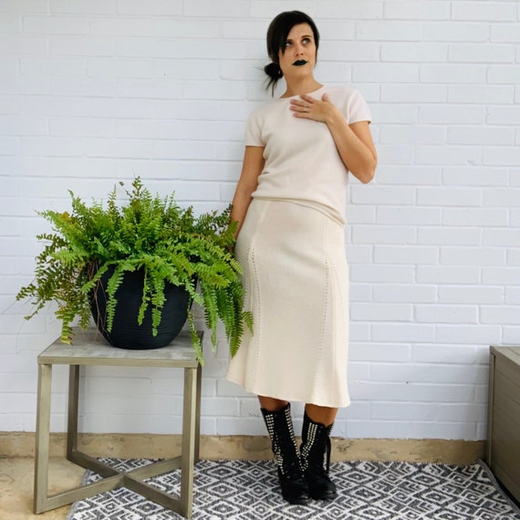 Vintage Ivory Wool Midi Skirt: 1980s Knit Trumpet Skirt Winter Fall Holiday