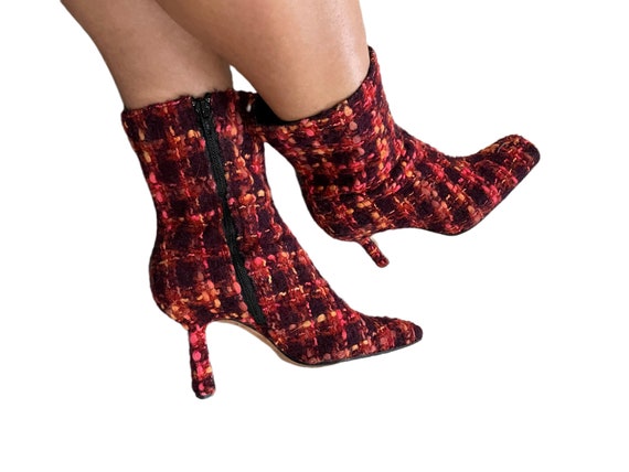 Vintage 70s Boots Orange Red Tweed Heels Square T… - image 1