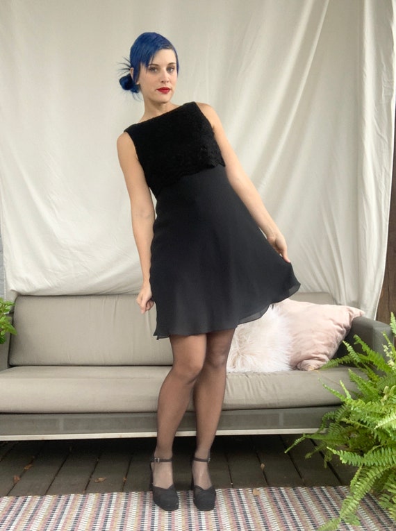 Vintage 90s Black Chiffon Lace Cocktail Dress - image 2