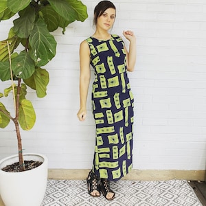 Vintage 90s Dress Bright Green Floral Print Shift Column Maxi Y2k 60s Retro Print