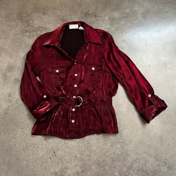 Vintage 90s Y2K Blouse Shiny Red Organza Utility … - image 4