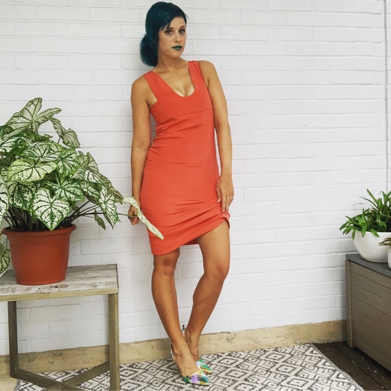 Silk Dress 90's Vintage Orange Sheath Dress