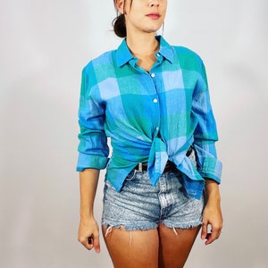 90s Vintage Blue Plaid Linen Button Up Blouse Teal Green Check Print