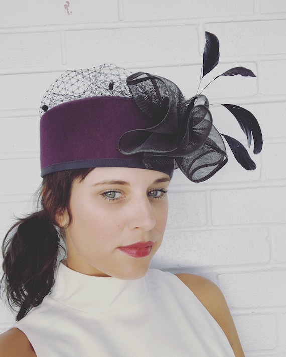 60s Vintage Pillbox Hat Purple Felt Feather Fascinator
