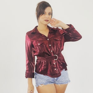 Vintage 90er Jahre Bluse Glänzend Rot Organza Dienstprogramm Safari Shirt