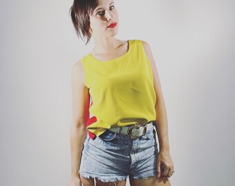 Vintage 80s 90s Blouse Red Yellow Blue Reversible Colorblock Tank Top