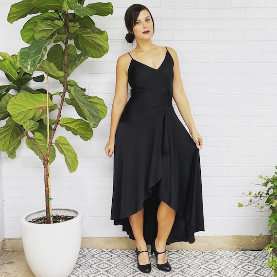 Vintage 70s Black Maxi Dress Knit Hi-Low Hem Gown Vintage 70s Black Maxi Dress Knit Hi-Low Hem Gown