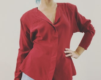 Vintage 80's Red Silk Shirt Peplum Top Secretary Blouse