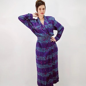 Vintage 80s Purple Abstract Pattern Silk Wrap Dress Shoulder Pad Belted New Wave Shirtdress