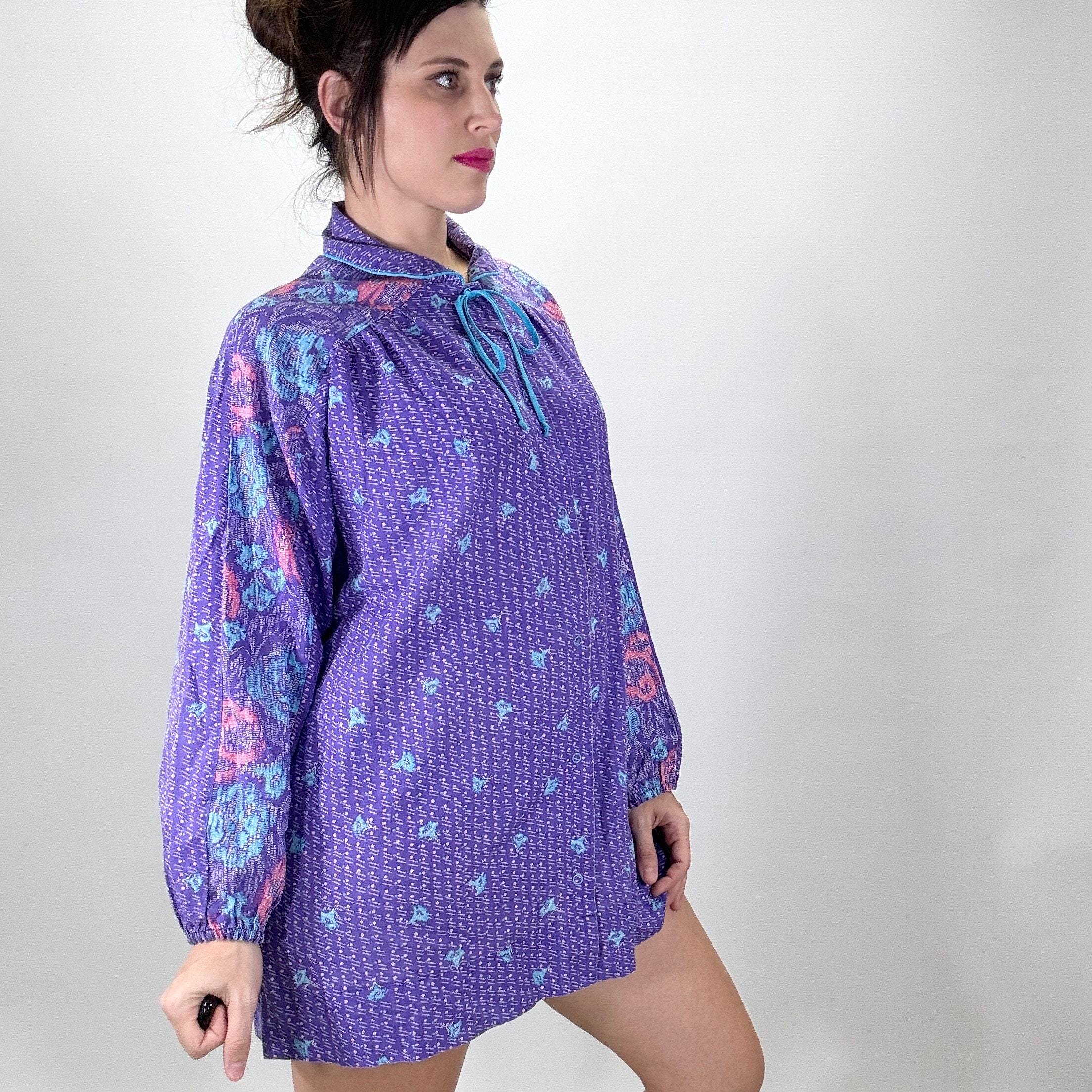 Vintage 80s House Dress Purple Floral Peasant Sleeve Peter
