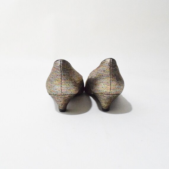 Vintage 80s Kitten Heels Shiny Gold Hologram Part… - image 5