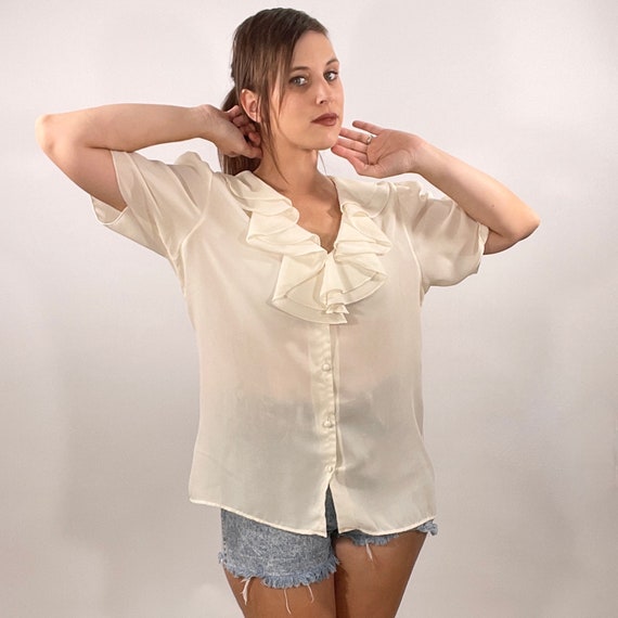 Vintage 80s Sheer White Blouse Ruffled Collar Chi… - image 2