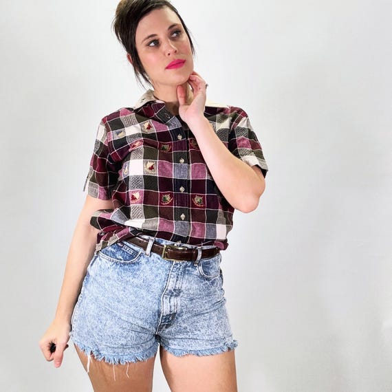 Vintage 90s Patchwork Blouse: Embroidered Collar,… - image 1