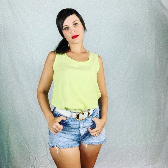 Vintage 90s Neon Yellow Tank Top Rayon Blouse - image 1