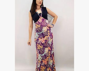 60s 70s Vintage Maxi Dress Colorful Purple Flower Power Print Sleeveless Boho