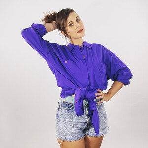 Vintage 80s Purple Button-Up Blouse Oversized Collared Top Doncaster Tunic