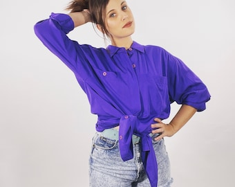 Vintage 80s Purple Button-Up Blouse Oversized Collared Top Doncaster Tunic