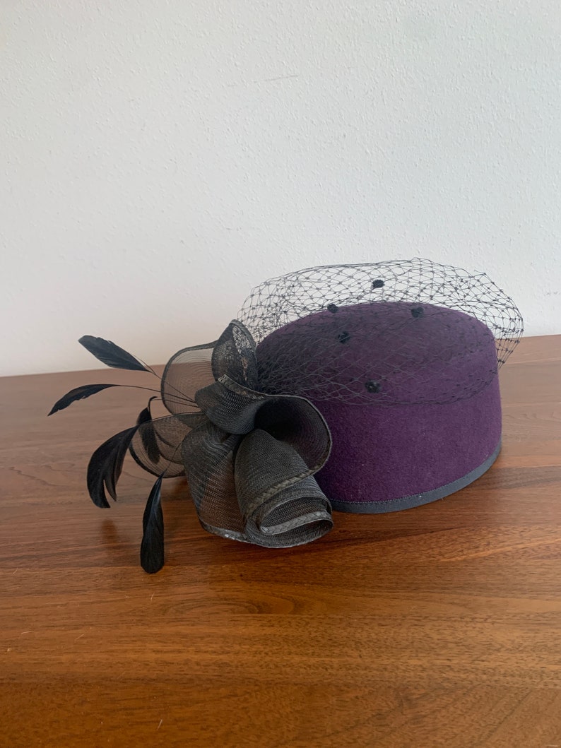 60s Vintage Pillbox Hat Purple Felt Feather Fascinator Etsy
