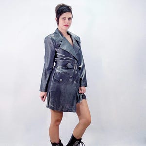 Vintage 90s Y2K Jacket Gray Silver Organza Tie-Waist Trench Coat