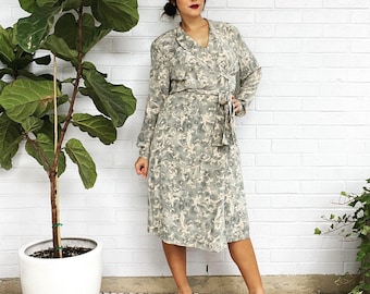 Vintage 90s Green Paisley Silk Pastel Two Piece Suit Wrap Skirt Tie-Waist Blouse
