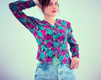 Vintage jaren 90 grunge-blouse met bloemen en schoudervullingen