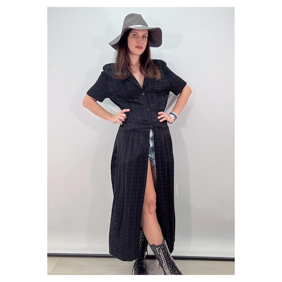 90s Goth Grunge Rayon Duster Blouse - Vintage Black Maxi Dress