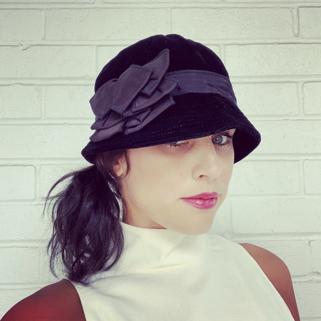 70s Vintage Black Velvet Bucket Hat Felt Bow Back Cap - Etsy