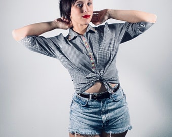 Vintage 90s Blouse Plaid Country Button-up Ditsy Floral Shirt
