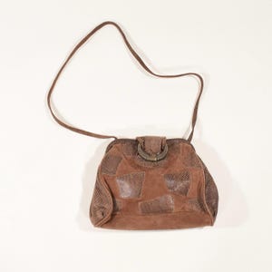 Vintage 1990s Purse Brown Leather Suede Patchwork Crossbody Pouch Bag