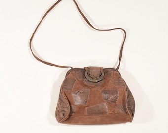 Vintage 1990s Purse Brown Leather Suede Patchwork Crossbody Pouch Bag
