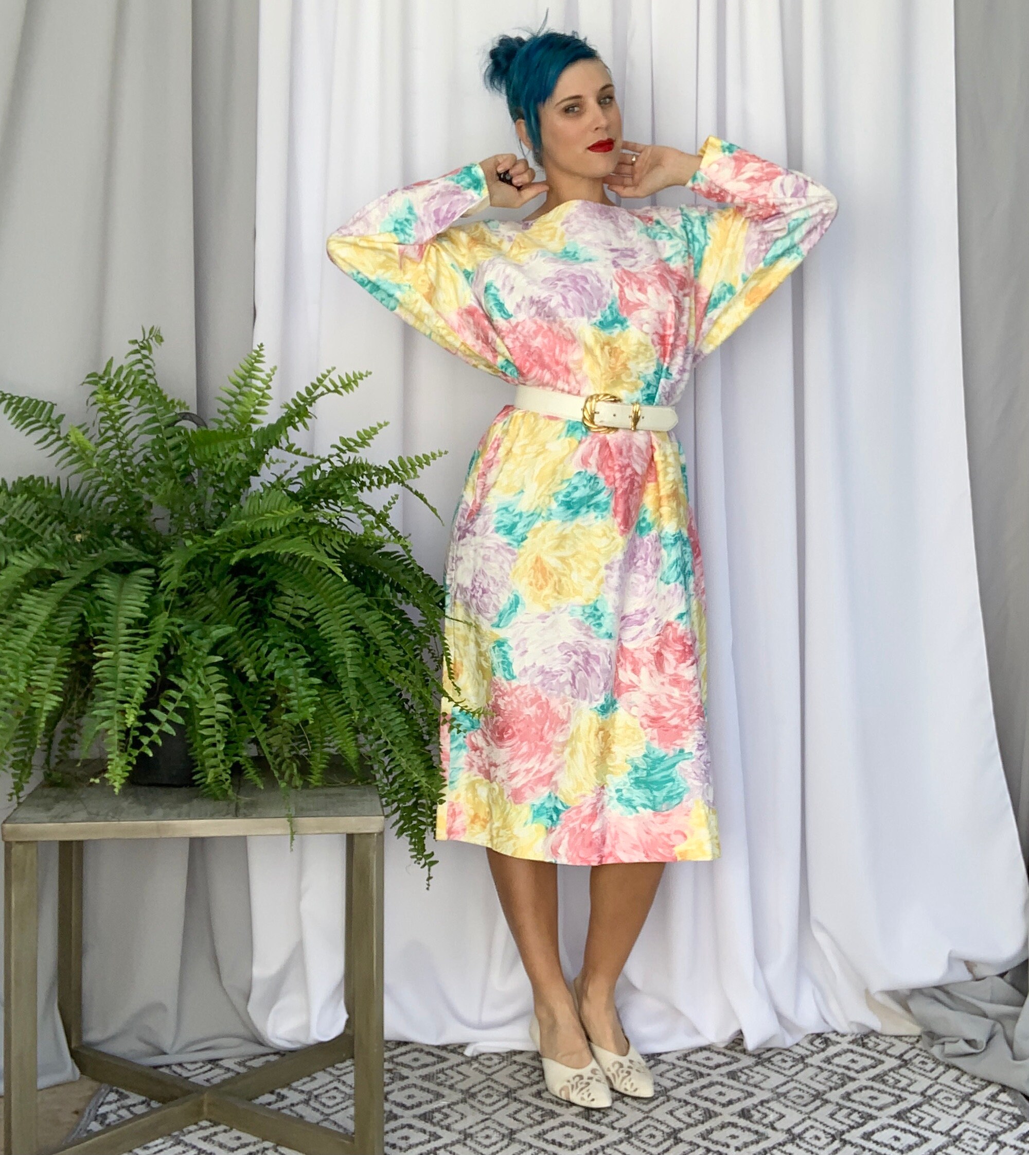 Vintage 80s Floral Pastel Midi House Dress | Dolman Sleeve Cotton