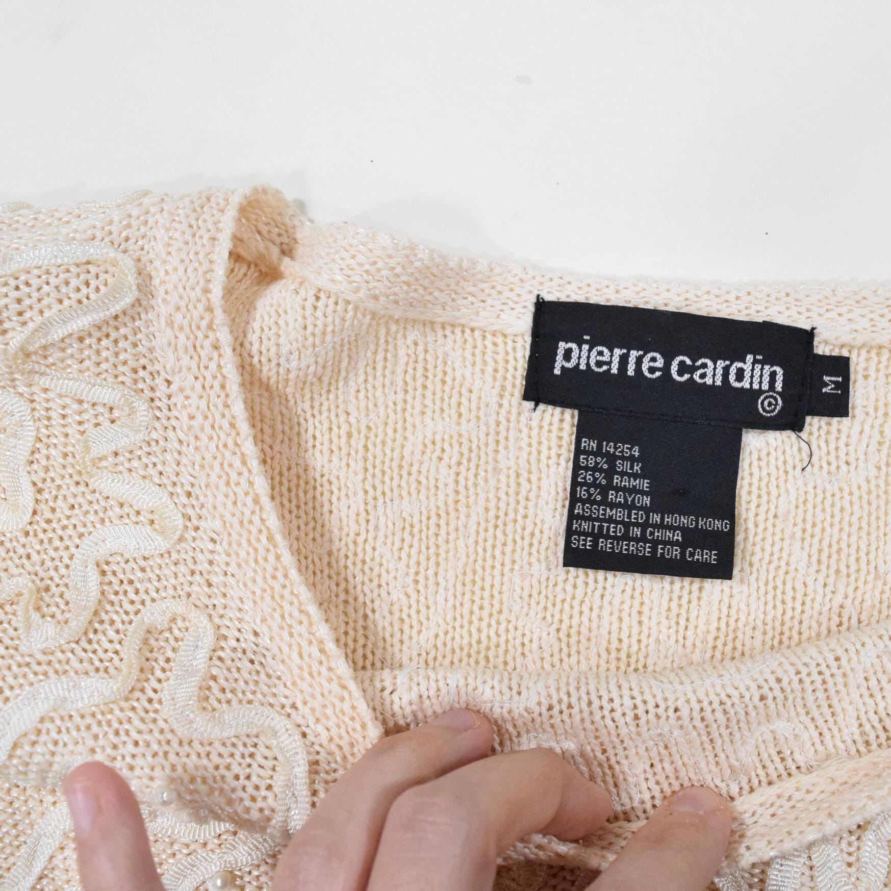 Vintage 90s Pierre Cardin Ivory Sweater Embellished Pearl Bead 